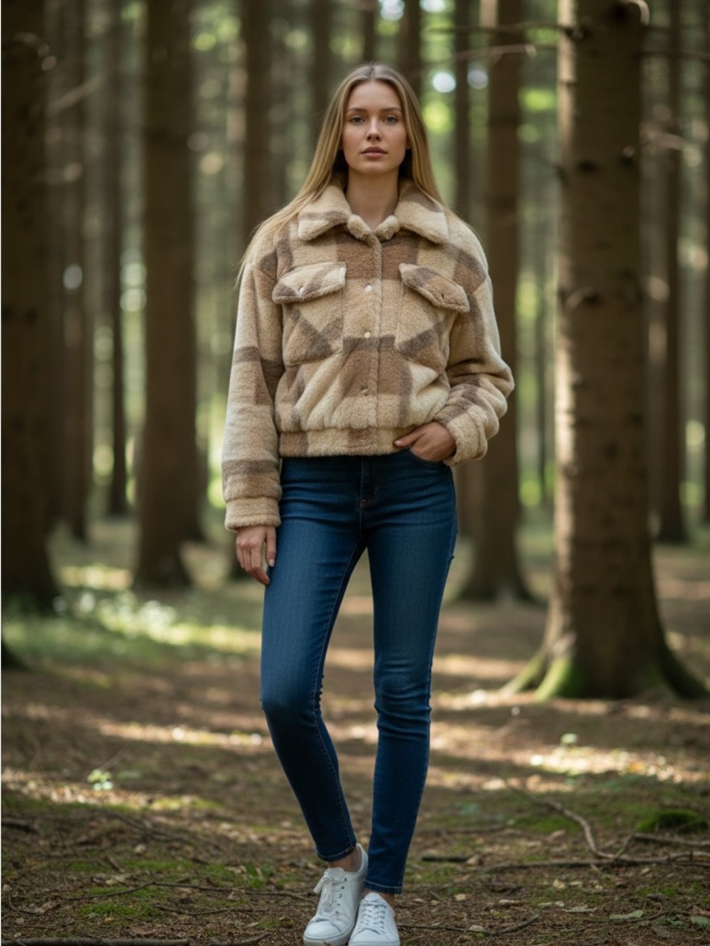 Ashley By 26 International Beige and Brown Plaid Teddy Bomber Jacket